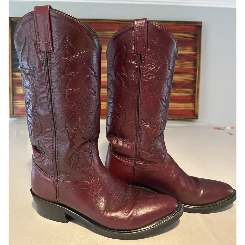 Old West Mens Black Cherry Leather Boots Western Cowboy TBM3013 Size 9.5 D